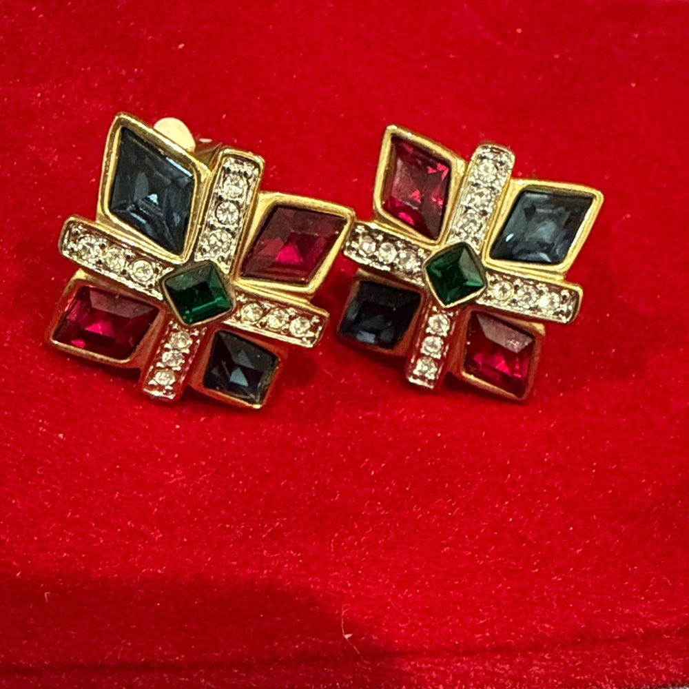 Gold-Tone Multicolor Crystal Cross high quality Clip-On - Green, Blue & Red